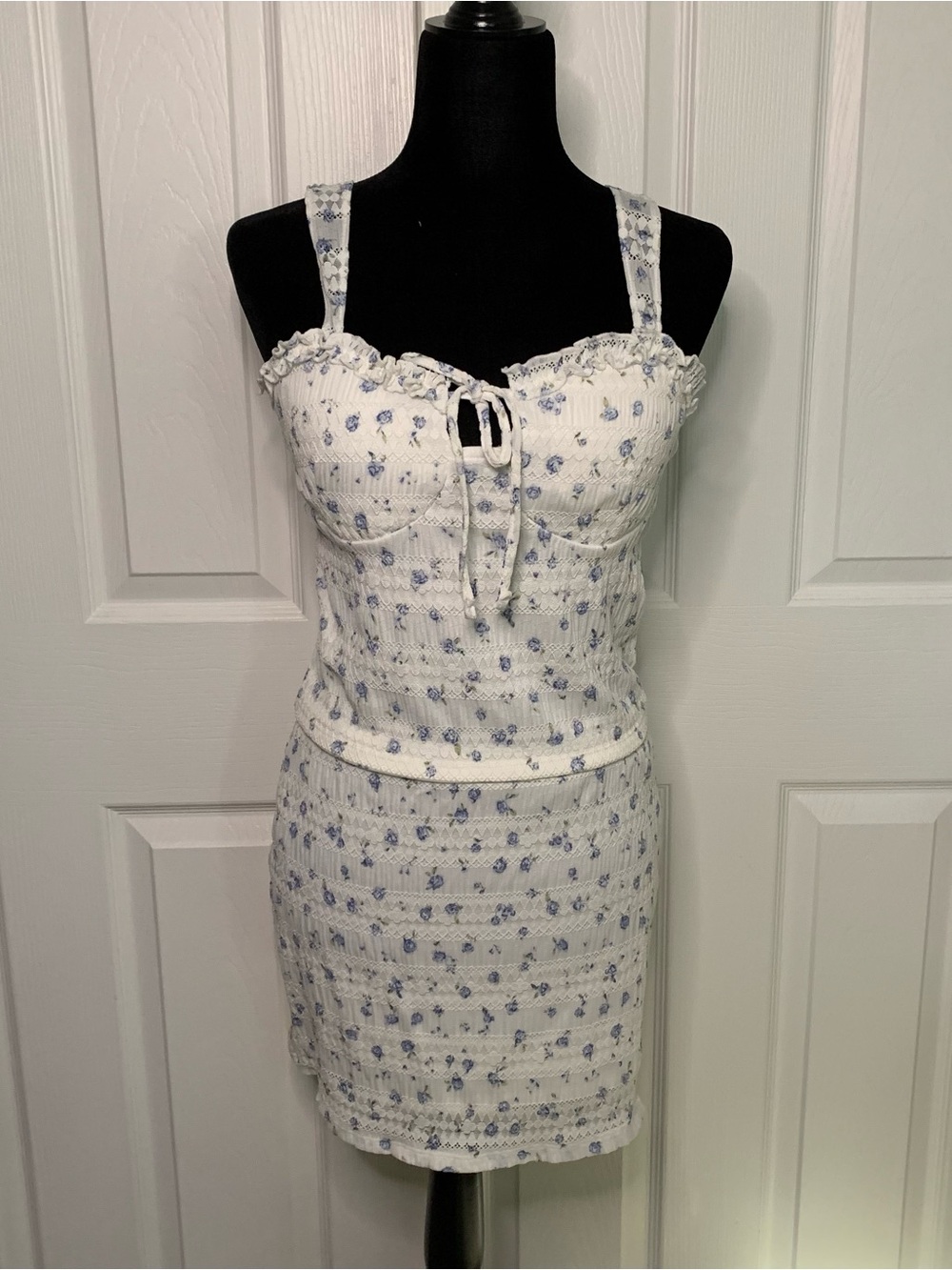 White & Blue Floral Lace Top and Mini Skirt Set